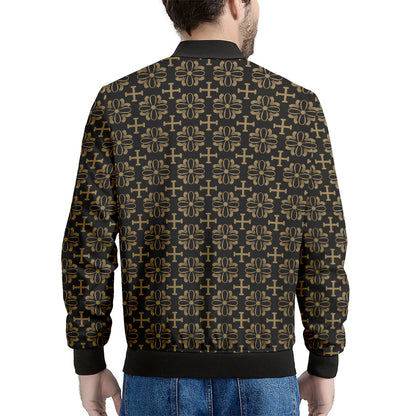 Black And Beige Orthodox Pattern Print Men's Bomber Jacket