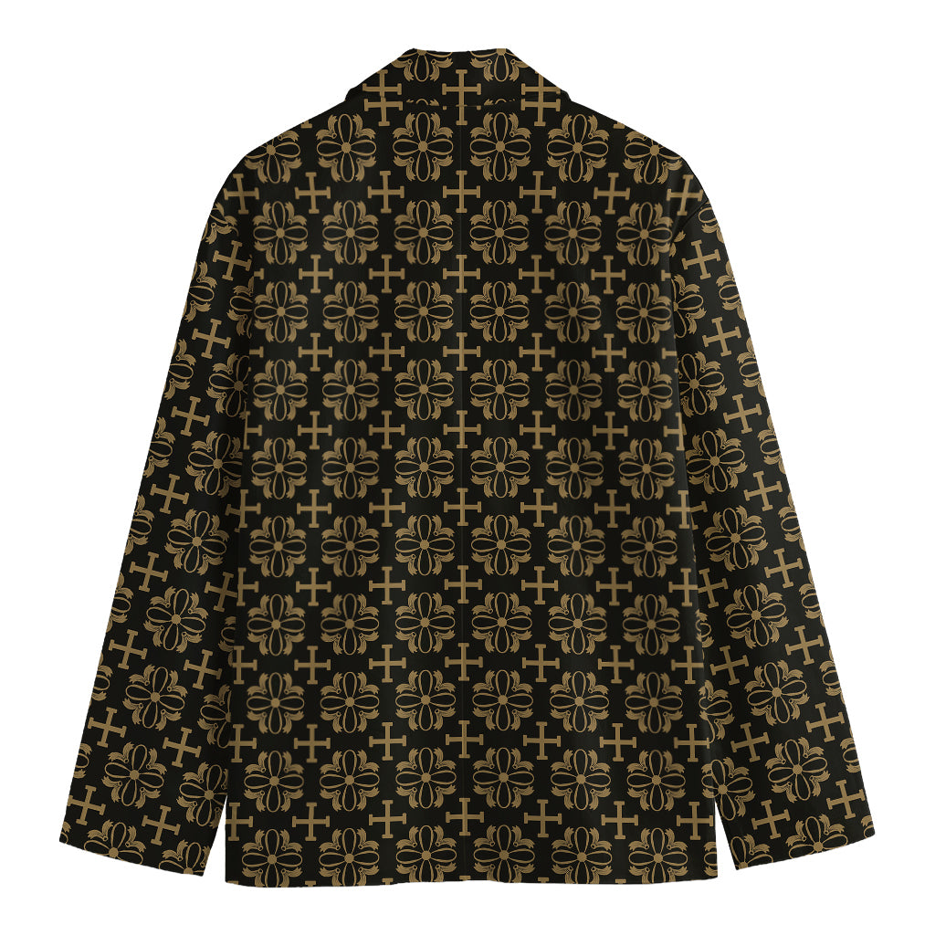 Black And Beige Orthodox Pattern Print Men's Cotton Blazer
