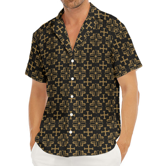Black And Beige Orthodox Pattern Print Men's Deep V-Neck Shirt
