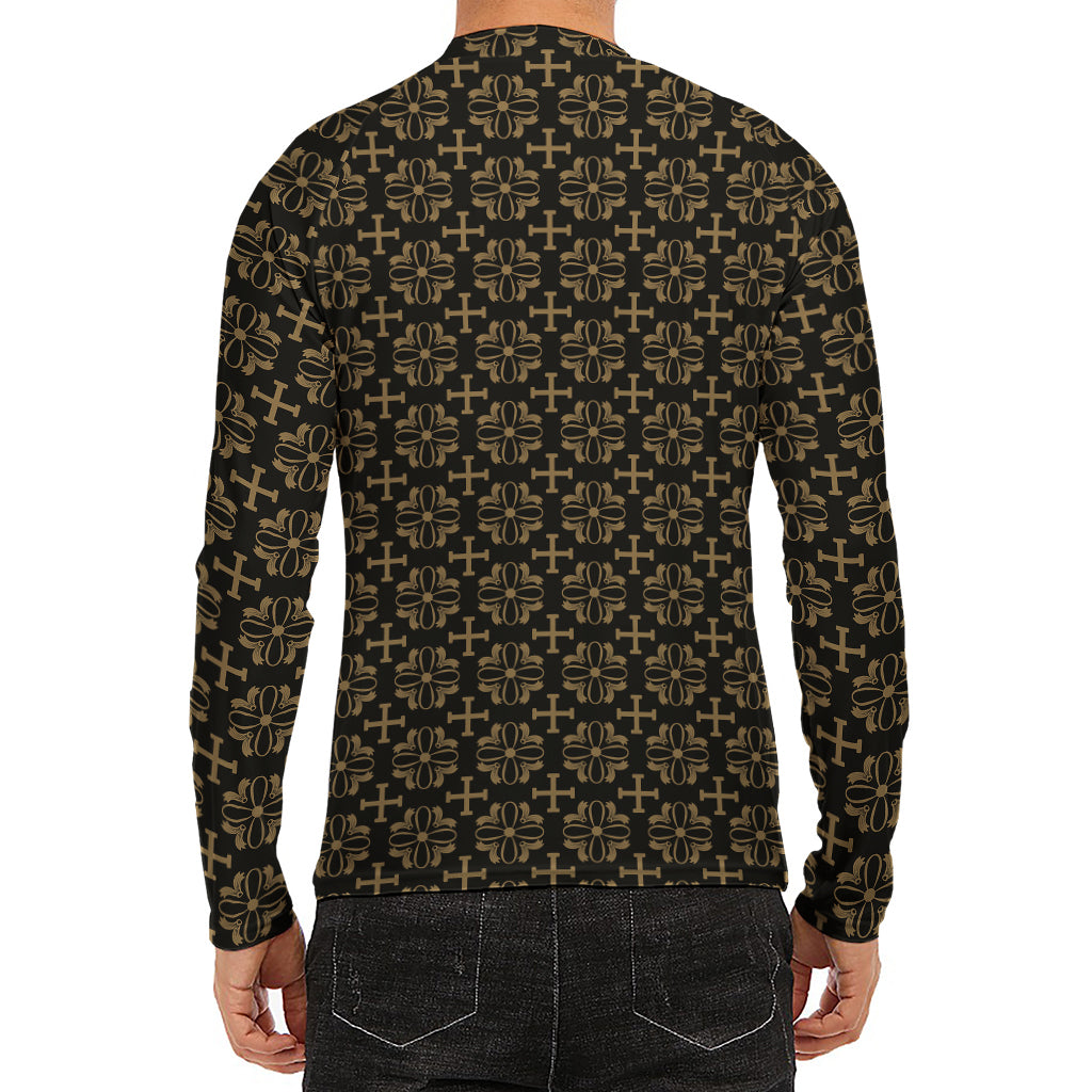 Black And Beige Orthodox Pattern Print Men's Long Sleeve Rash Guard
