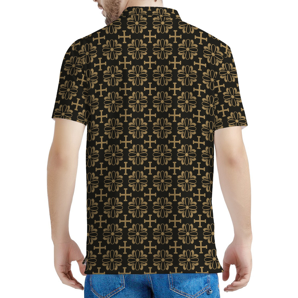 Black And Beige Orthodox Pattern Print Men's Polo Shirt