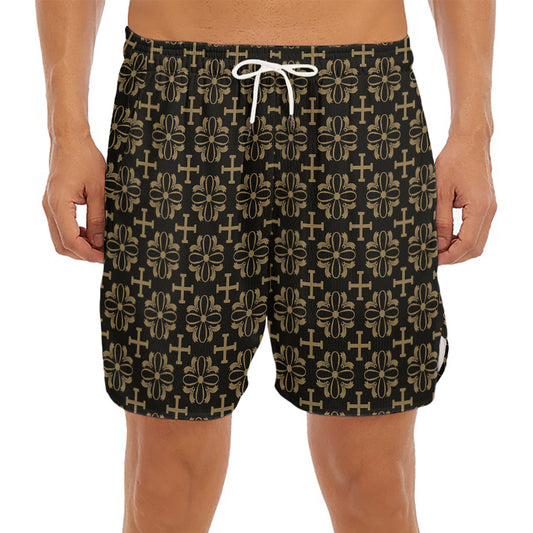 Black And Beige Orthodox Pattern Print Men's Split Running Shorts