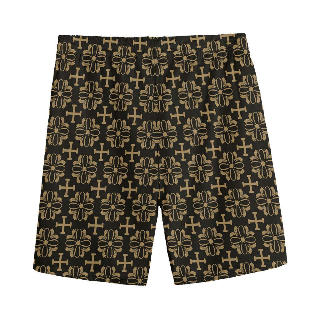 Black And Beige Orthodox Pattern Print Men's Sports Shorts