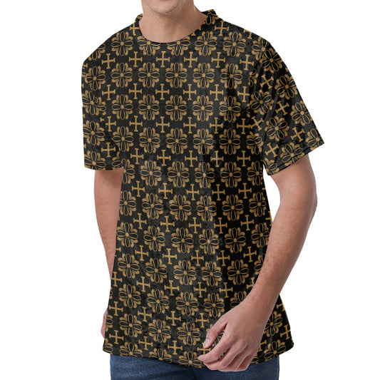 Black And Beige Orthodox Pattern Print Men's Velvet T-Shirt