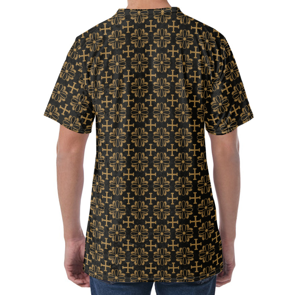 Black And Beige Orthodox Pattern Print Men's Velvet T-Shirt