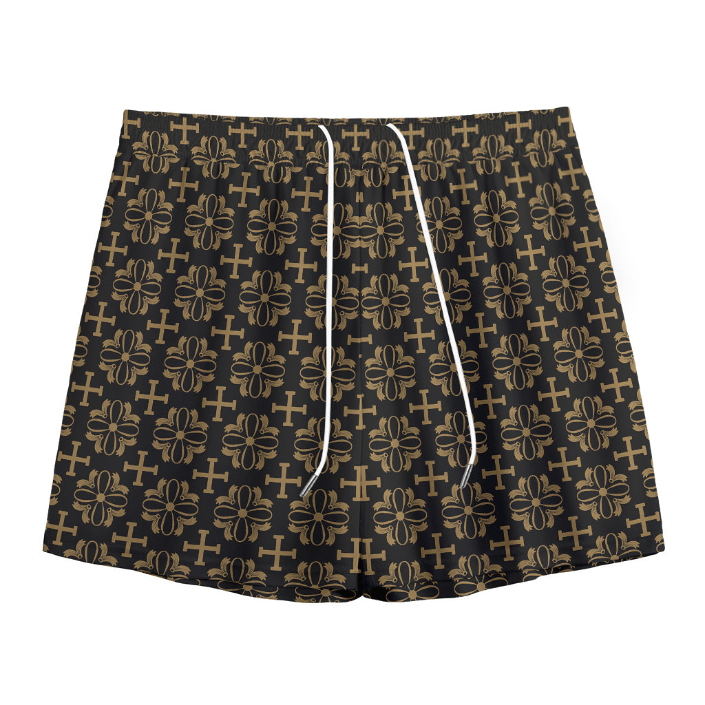 Black And Beige Orthodox Pattern Print Mesh Shorts