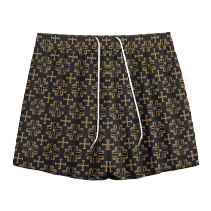 Black And Beige Orthodox Pattern Print Mesh Shorts