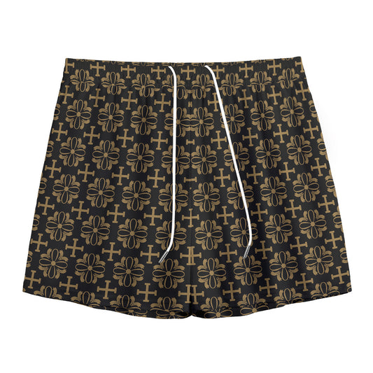 Black And Beige Orthodox Pattern Print Mesh Shorts