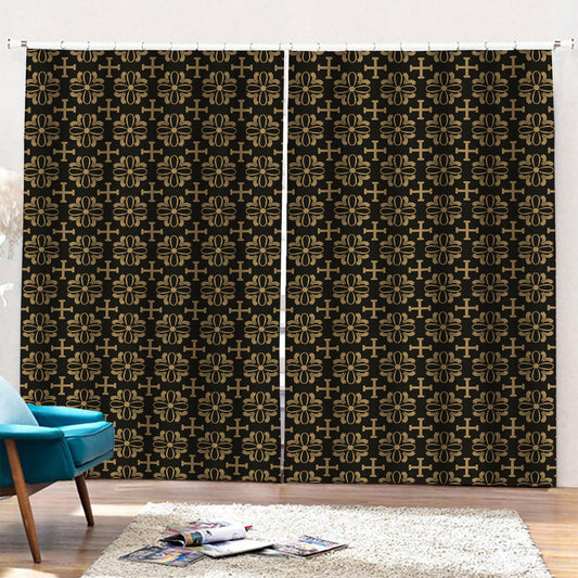 Black And Beige Orthodox Pattern Print Pencil Pleat Curtains