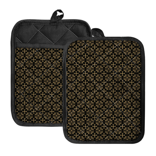 Black And Beige Orthodox Pattern Print Pot Holders With Pocket