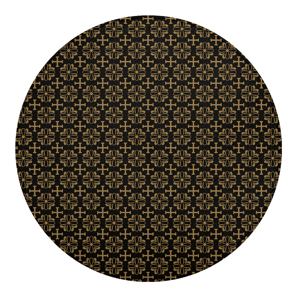 Black And Beige Orthodox Pattern Print Round Blanket