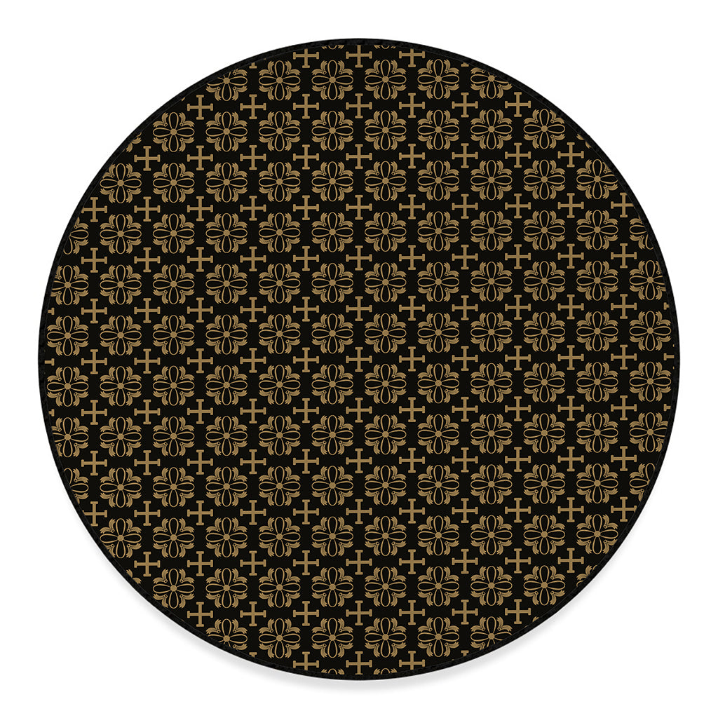 Black And Beige Orthodox Pattern Print Round Floor Mat