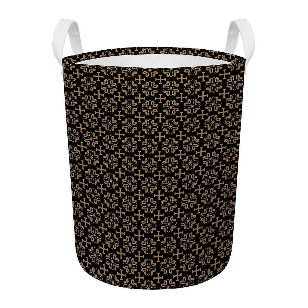 Black And Beige Orthodox Pattern Print Round Laundry Basket