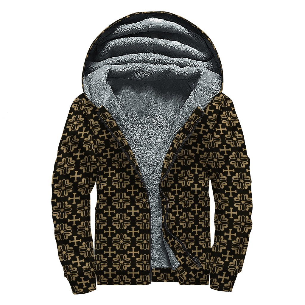 Black And Beige Orthodox Pattern Print Sherpa Lined Zip Up Hoodie