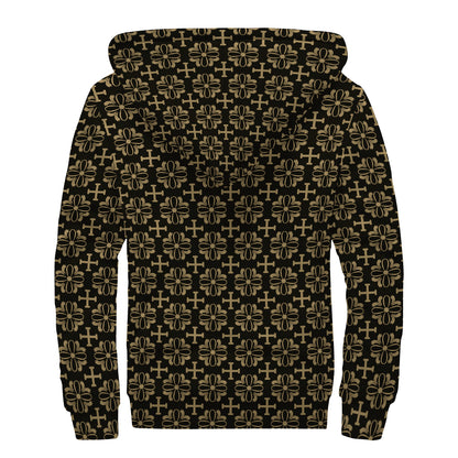 Black And Beige Orthodox Pattern Print Sherpa Lined Zip Up Hoodie