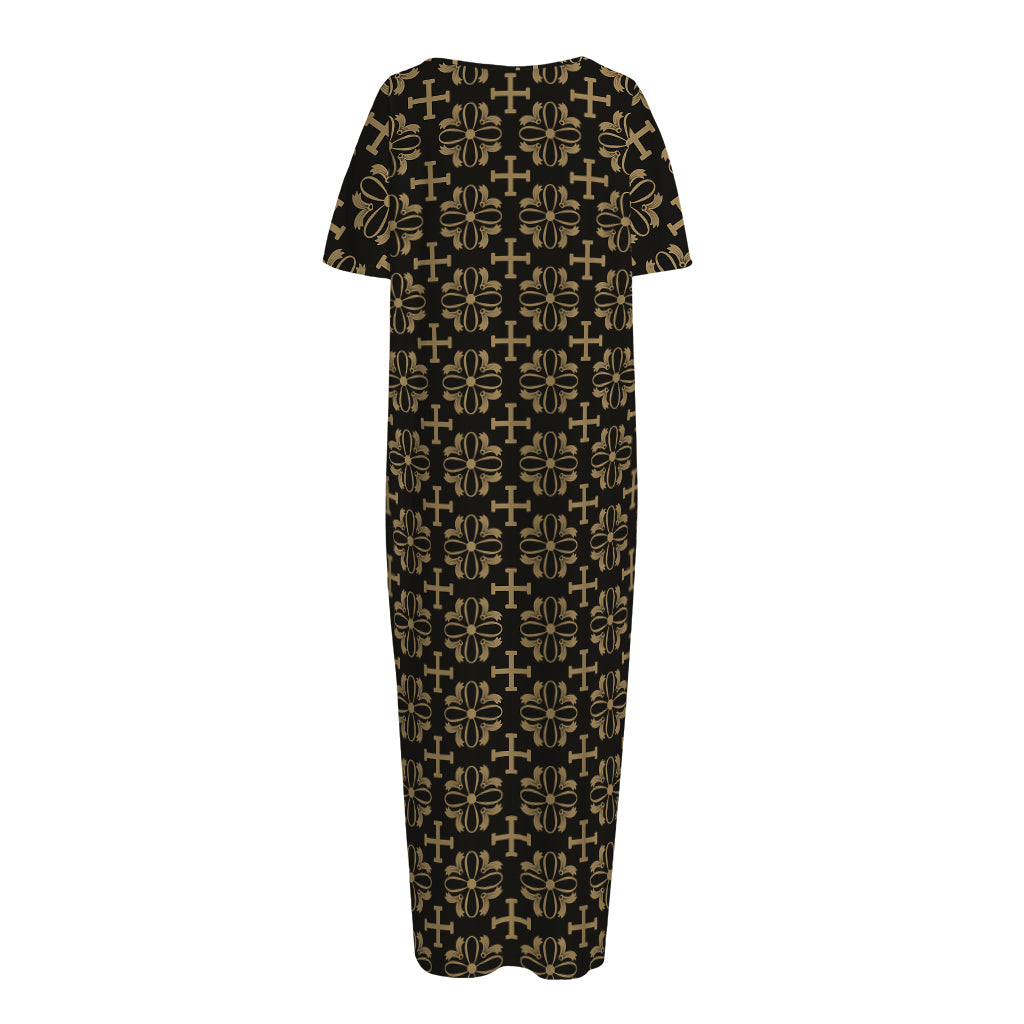 Black And Beige Orthodox Pattern Print Short Sleeve Long Nightdress