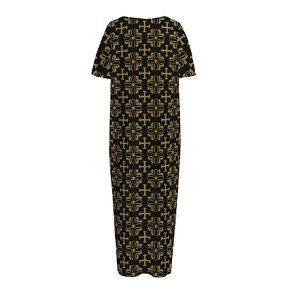 Black And Beige Orthodox Pattern Print Short Sleeve Long Nightdress