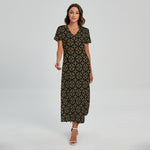 Black And Beige Orthodox Pattern Print Short Sleeve Maxi Dress