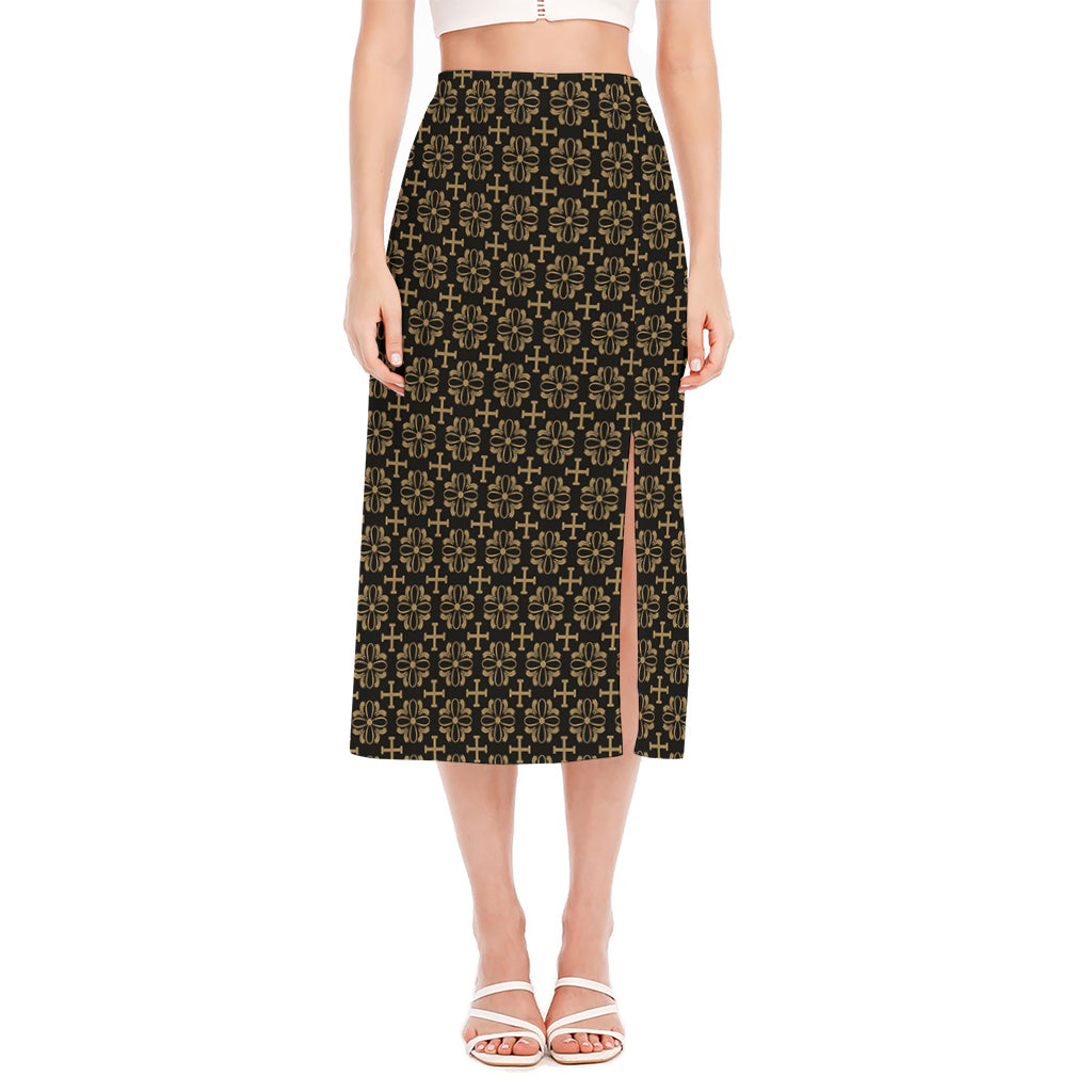 Black And Beige Orthodox Pattern Print Side Slit Midi Skirt