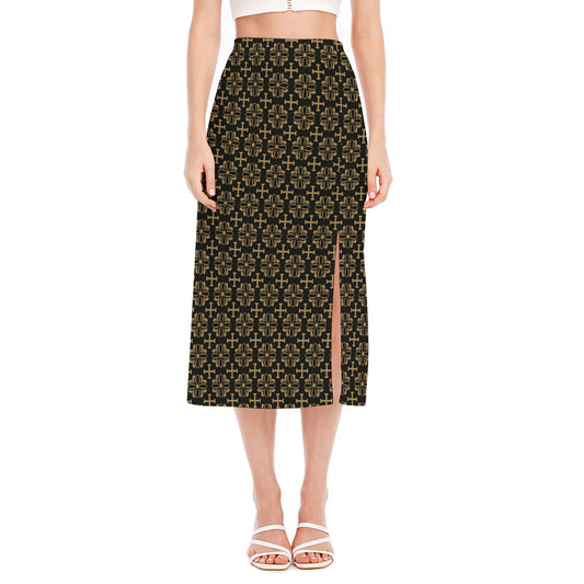 Black And Beige Orthodox Pattern Print Side Slit Midi Skirt