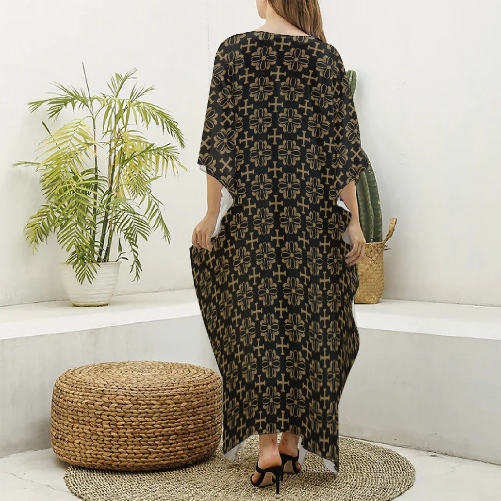 Black And Beige Orthodox Pattern Print Silk V-Neck Kaftan Dress