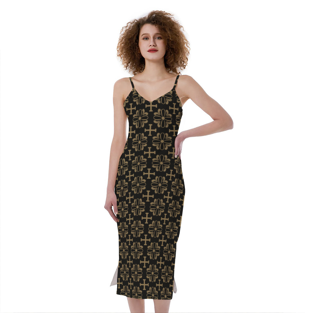 Black And Beige Orthodox Pattern Print Slim Fit Midi Cami Dress