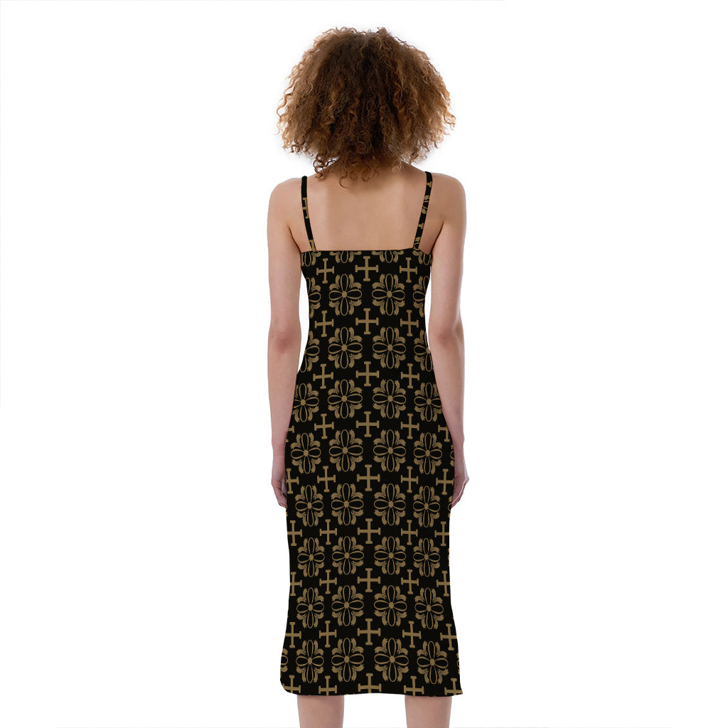 Black And Beige Orthodox Pattern Print Slim Fit Midi Cami Dress