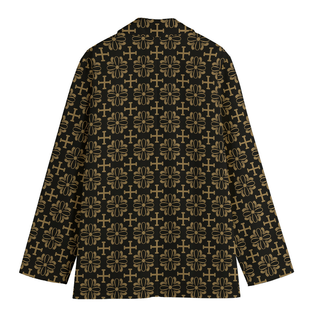 Black And Beige Orthodox Pattern Print Women's Blazer