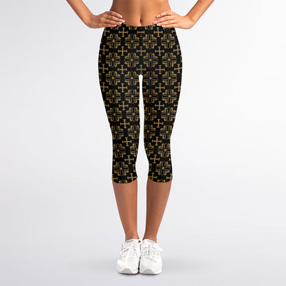 Black And Beige Orthodox Pattern Print Women's Capri Leggings