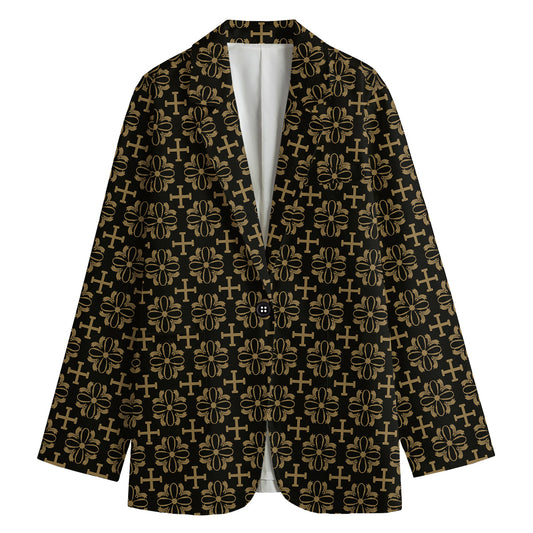 Black And Beige Orthodox Pattern Print Women's Cotton Blazer