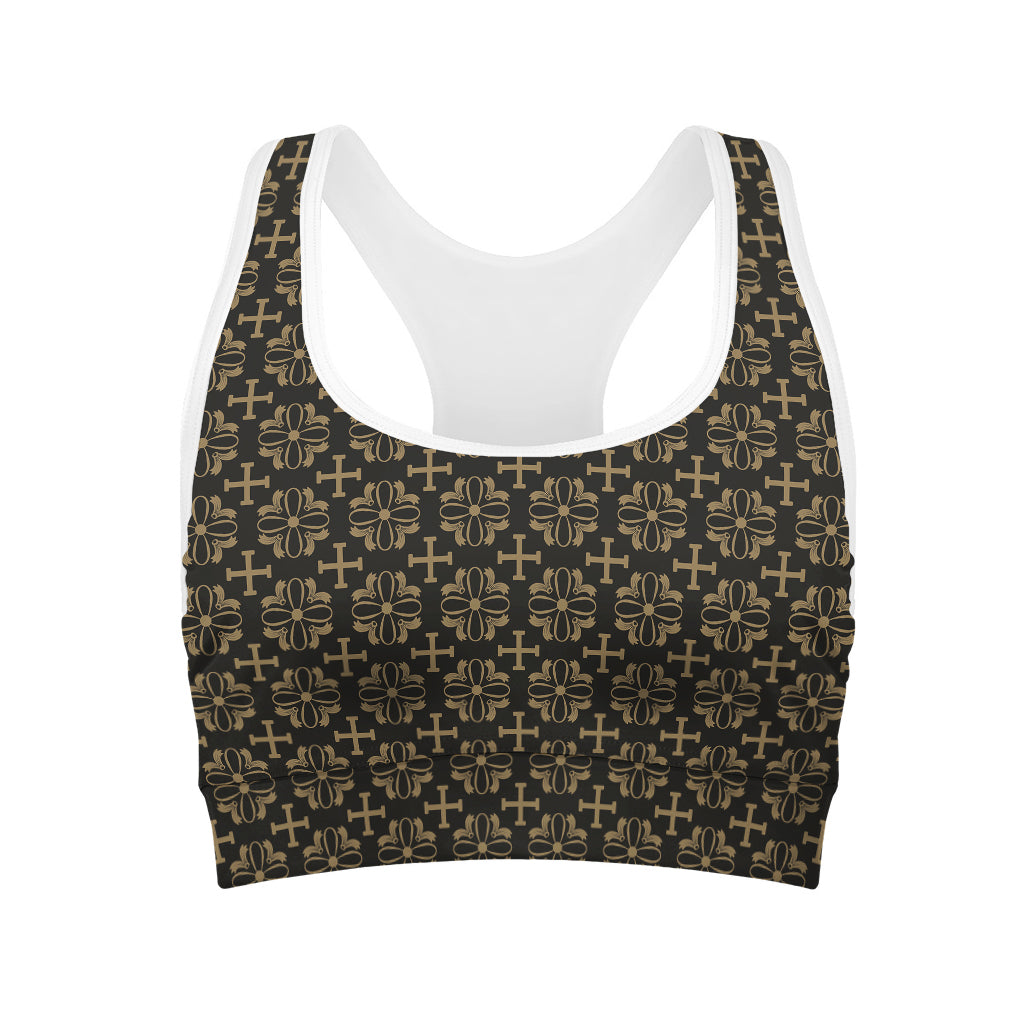Black And Beige Orthodox Pattern Print Women's Sports Bra