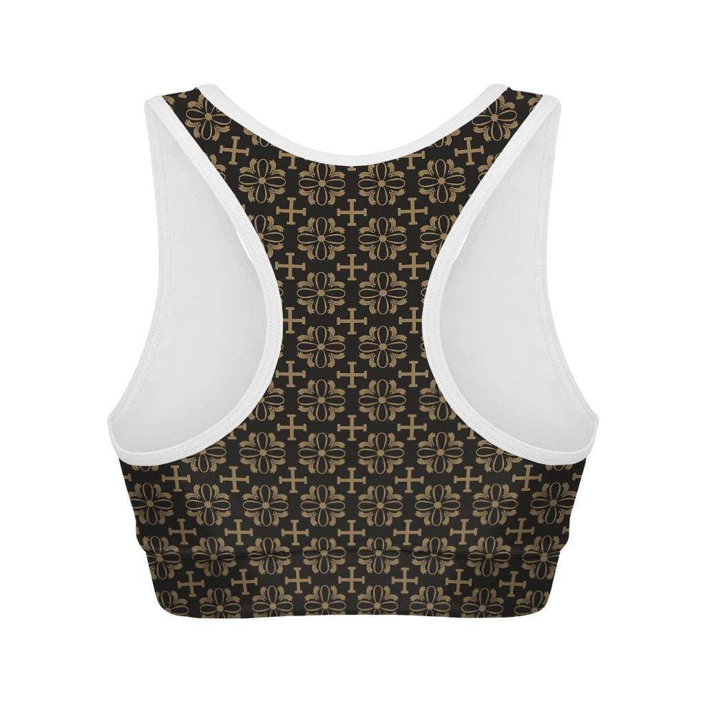 Black And Beige Orthodox Pattern Print Women's Sports Bra