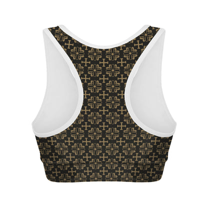 Black And Beige Orthodox Pattern Print Women's Sports Bra
