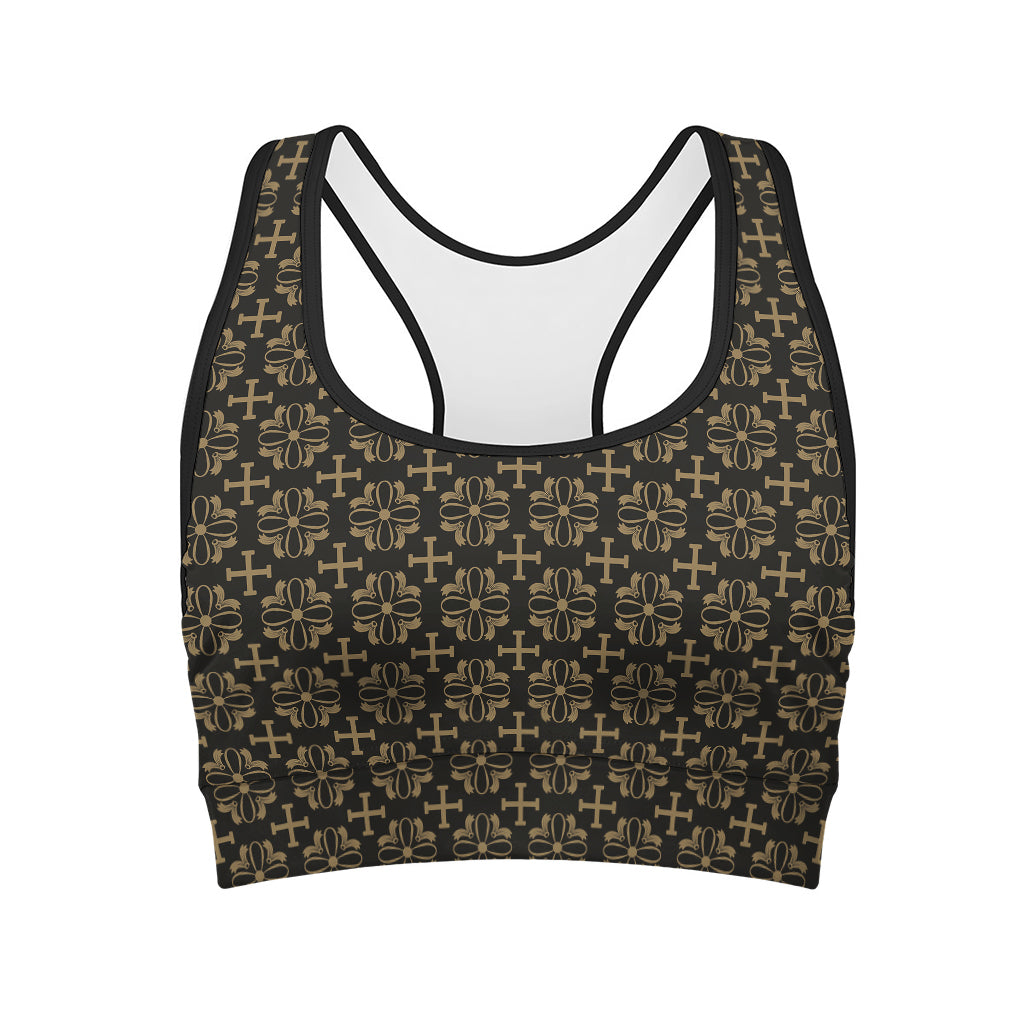 Black And Beige Orthodox Pattern Print Women's Sports Bra