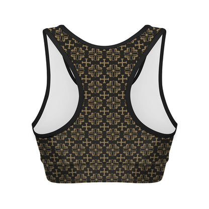 Black And Beige Orthodox Pattern Print Women's Sports Bra