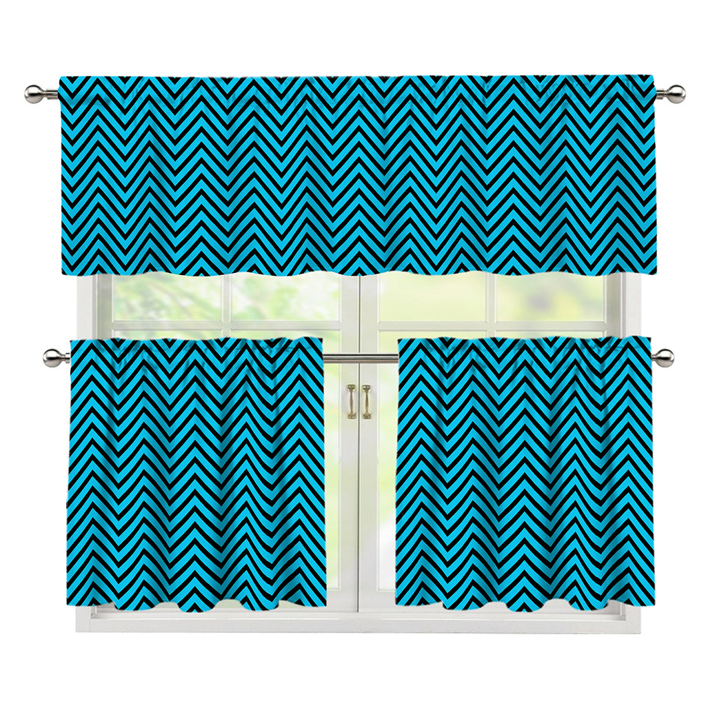 Black And Blue Chevron Pattern Print 3 Piece Kitchen Curtains