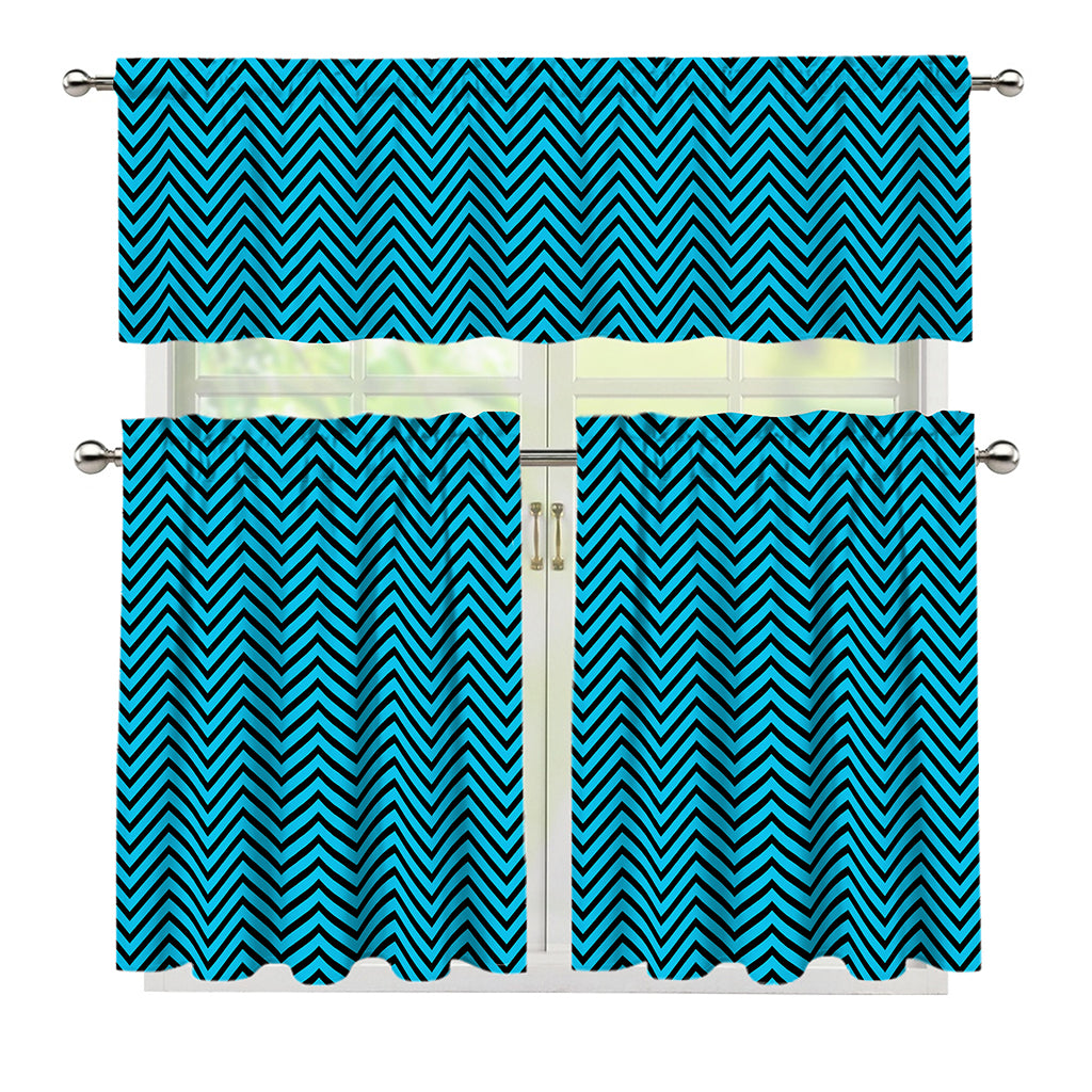 Black And Blue Chevron Pattern Print 3 Piece Kitchen Curtains