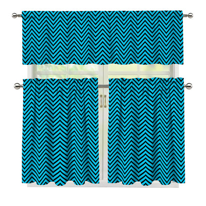 Black And Blue Chevron Pattern Print 3 Piece Kitchen Curtains