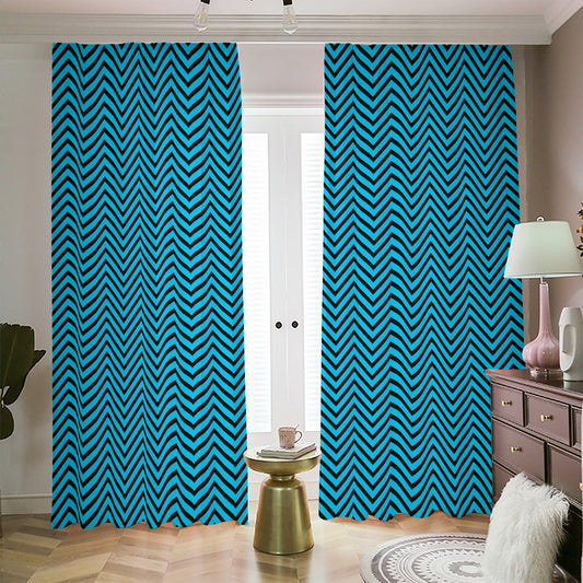 Black And Blue Chevron Pattern Print Blackout Pencil Pleat Curtains