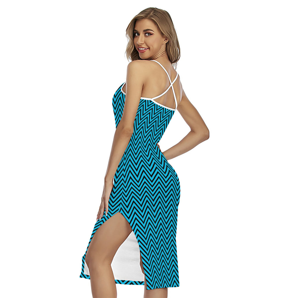Black And Blue Chevron Pattern Print Cross Back Cami Dress