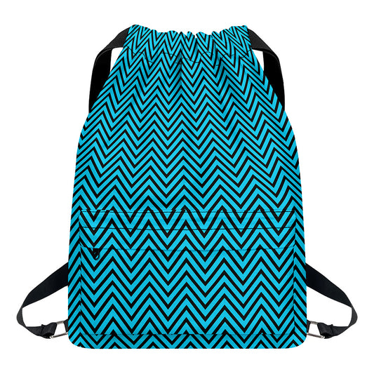 Black And Blue Chevron Pattern Print Drawstring Backpack