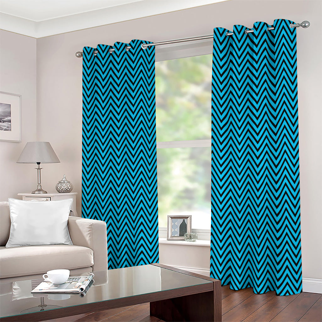 Black And Blue Chevron Pattern Print Extra Wide Grommet Curtains