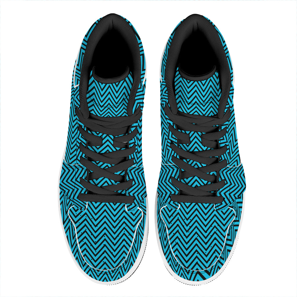 Black And Blue Chevron Pattern Print High Top Leather Sneakers