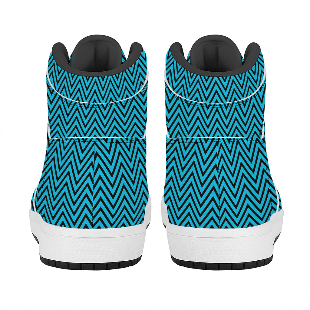 Black And Blue Chevron Pattern Print High Top Leather Sneakers