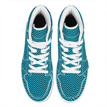 Black And Blue Chevron Pattern Print High Top Leather Sneakers