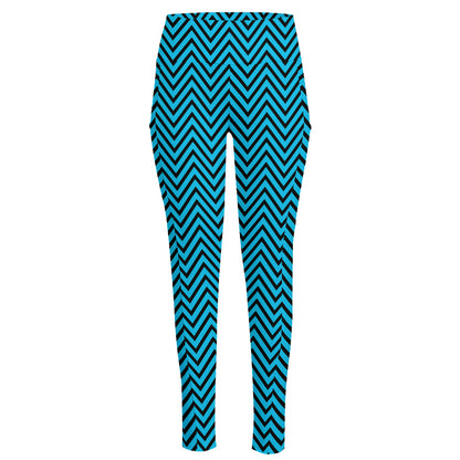 Black And Blue Chevron Pattern Print High-Waisted Pocket Leggings