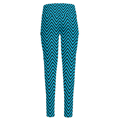Black And Blue Chevron Pattern Print High-Waisted Pocket Leggings
