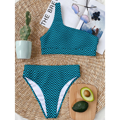 Black And Blue Chevron Pattern Print One Shoulder Bikini Top