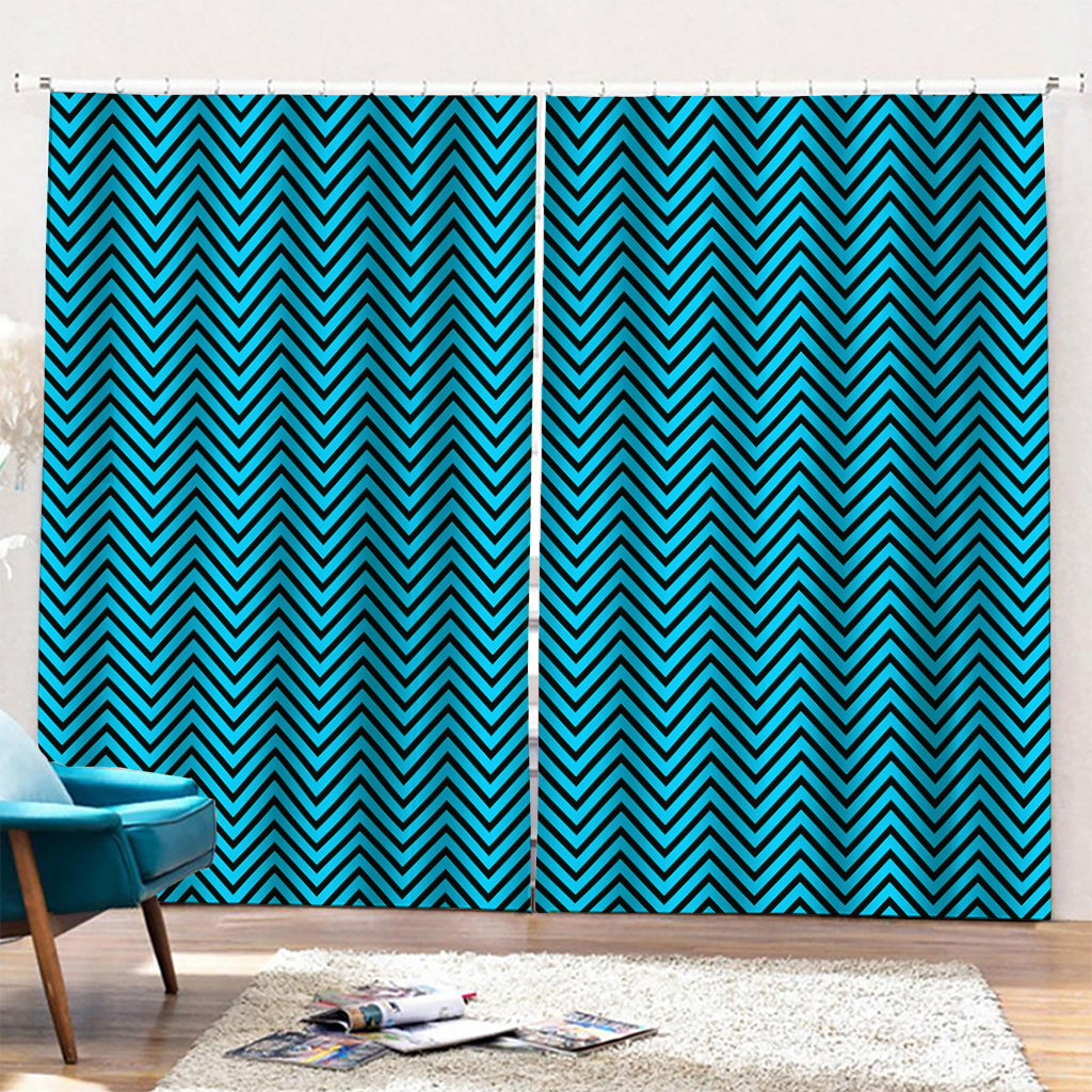 Black And Blue Chevron Pattern Print Pencil Pleat Curtains