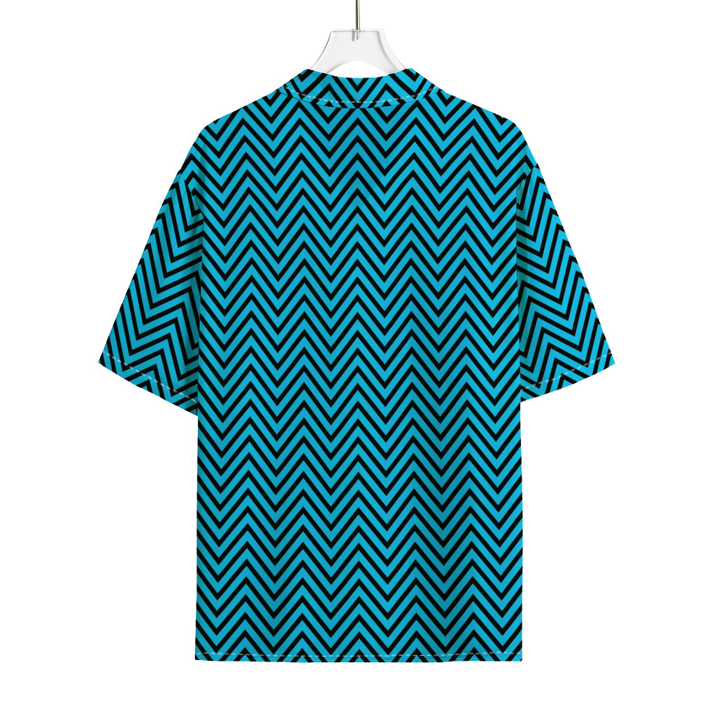 Black And Blue Chevron Pattern Print Rayon Hawaiian Shirt